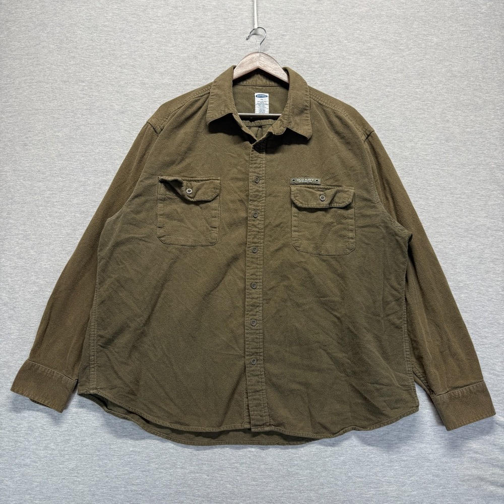 Old Navy Flannel Utility Work Shirt Mens XL Olive Green Cotton Pleated Button Up